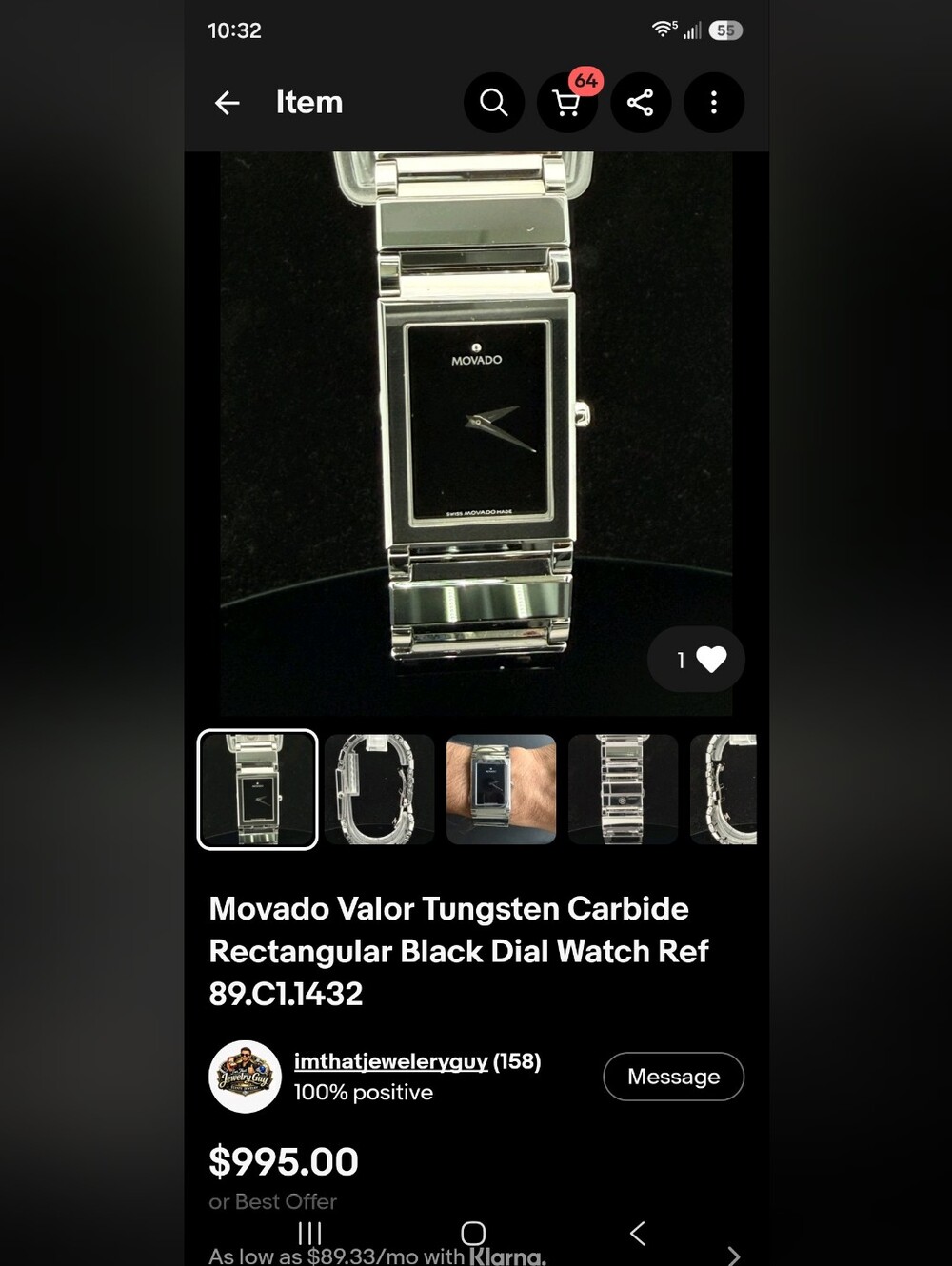 Movado Men's Stainless Steel Rectangular Bracelet Watch - Black Dial - Picture 13 of 13